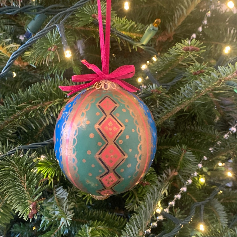 Vintage Hand Painted Wood Holiday Ball Ornament